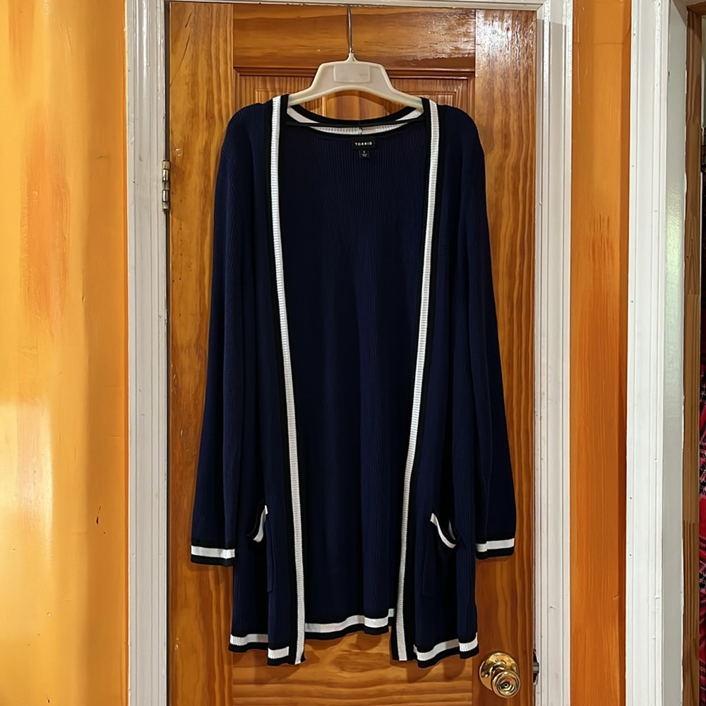 Torrid Colorblock Navy Blue Open Front Long Line Cardigan Sweater Size 3 - Picture 3 of 14
